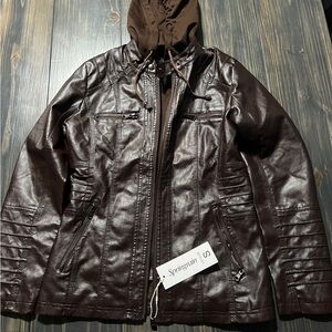 Springrain Women's Faux Leather Jacket with Detachable Hood
